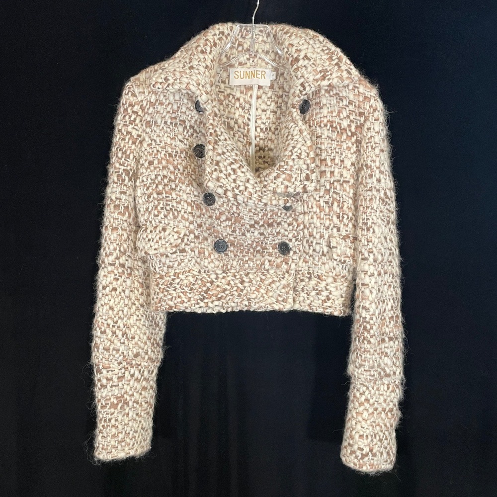 Sunner Y2K Anthro Vintage Cropped Jacket Knit Tweed Double Breasted Tan Cream S